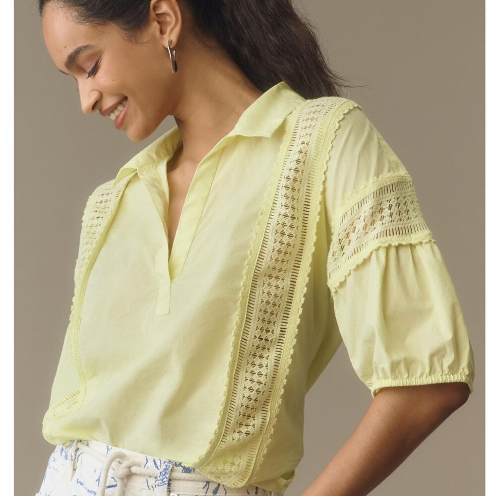 By Anthropologie Puff-Sleeve Lace Blouse Lime Yellow Green XL